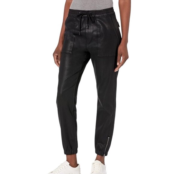 Hudson Black Jogger Pants Coated‎ Leather Like Finish Medium Jeans Punk Rock Y2K - Picture 1 of 7